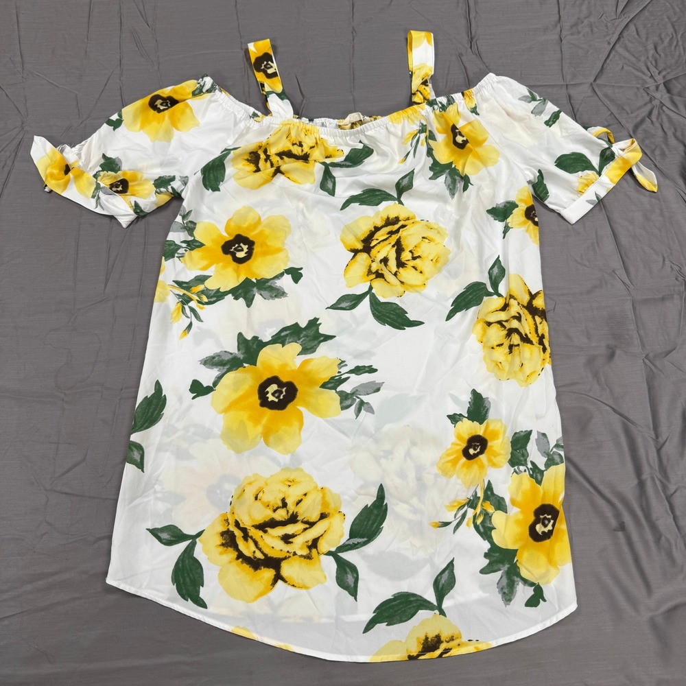 Hint of Blush Floral Cold Shoulder Top Yellow White Rose Print Short Sleeve XL